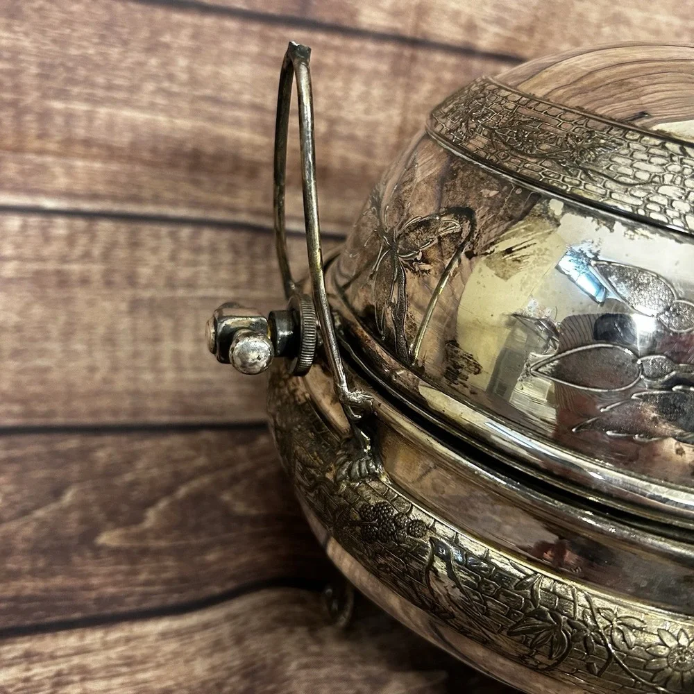 Antique Victorian Quadruple Plate Butter Dish Dome Floral‎ Silverplate